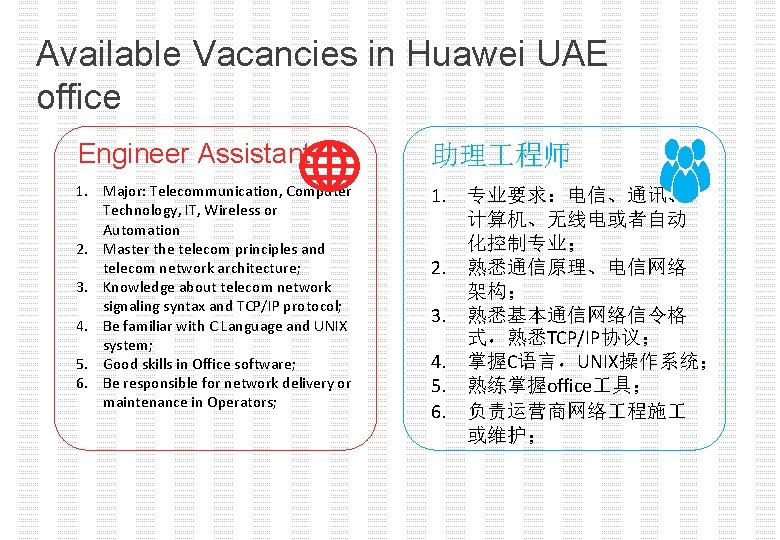 Available Vacancies in Huawei UAE office Engineer Assistant 助理 程师 1. Major: Telecommunication, Computer