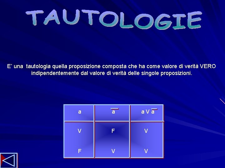E’ una tautologia quella proposizione composta che ha come valore di verità VERO indipendentemente