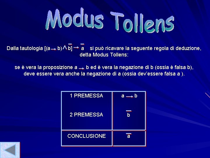 Dalla tautologia [(a b) b] a si può ricavare la seguente regola di deduzione,