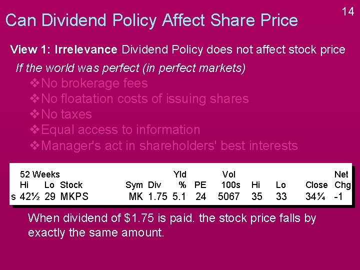 14 Can Dividend Policy Affect Share Price View 1: Irrelevance Dividend Policy does not 14 Can Dividend Policy Affect Share Price View 1: Irrelevance Dividend Policy does not