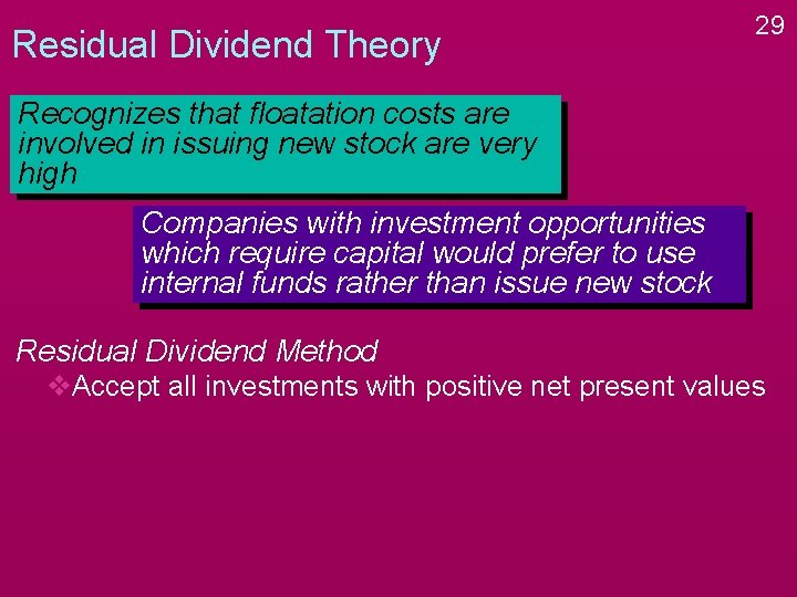 Residual Dividend Theory 29 Recognizes that floatation costs are involved in issuing new stock Residual Dividend Theory 29 Recognizes that floatation costs are involved in issuing new stock