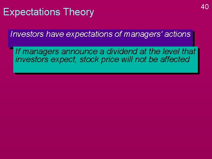 Expectations Theory Investors have expectations of managers' actions If managers announce a dividend at Expectations Theory Investors have expectations of managers' actions If managers announce a dividend at