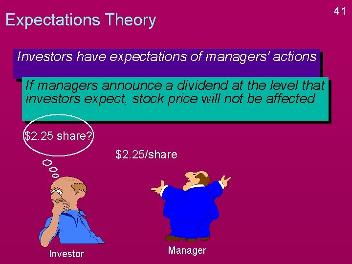 41 Expectations Theory Investors have expectations of managers' actions If managers announce a dividend 41 Expectations Theory Investors have expectations of managers' actions If managers announce a dividend