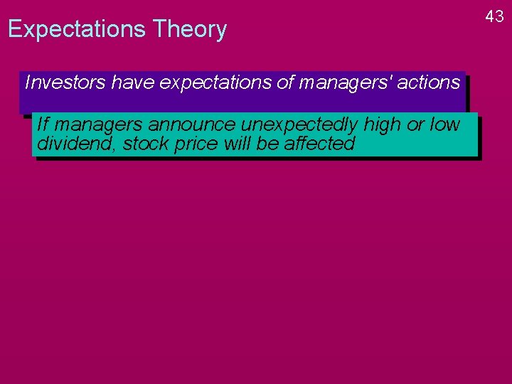 Expectations Theory Investors have expectations of managers' actions If managers announce unexpectedly high or Expectations Theory Investors have expectations of managers' actions If managers announce unexpectedly high or