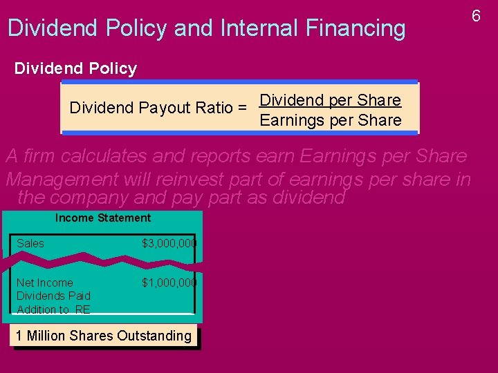 Dividend Policy and Internal Financing Dividend Policy Dividend Payout Ratio = Dividend per Share Dividend Policy and Internal Financing Dividend Policy Dividend Payout Ratio = Dividend per Share