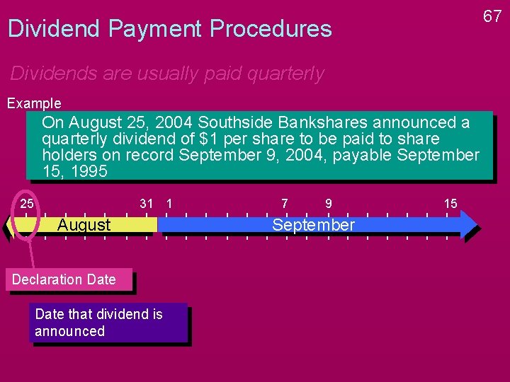 67 Dividend Payment Procedures Dividends are usually paid quarterly Example On August 25, 2004 67 Dividend Payment Procedures Dividends are usually paid quarterly Example On August 25, 2004