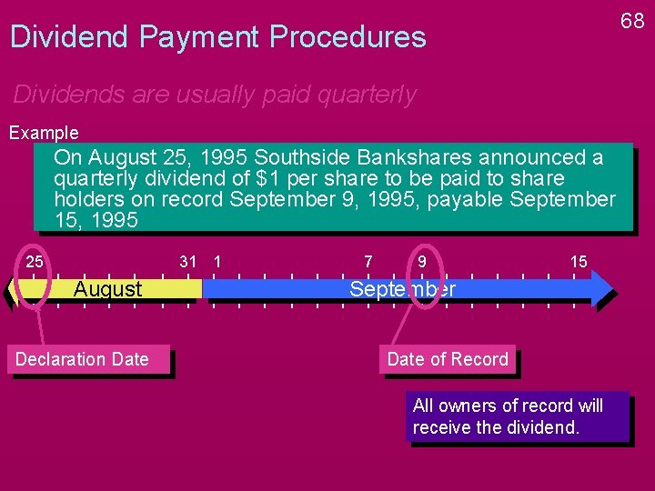 68 Dividend Payment Procedures Dividends are usually paid quarterly Example On August 25, 1995 68 Dividend Payment Procedures Dividends are usually paid quarterly Example On August 25, 1995