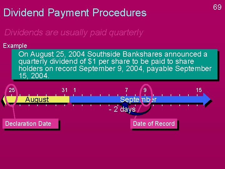 69 Dividend Payment Procedures Dividends are usually paid quarterly Example On August 25, 2004 69 Dividend Payment Procedures Dividends are usually paid quarterly Example On August 25, 2004