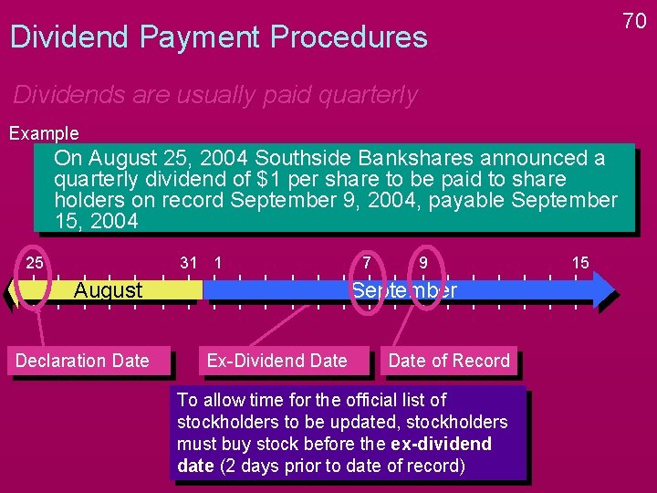 70 Dividend Payment Procedures Dividends are usually paid quarterly Example On August 25, 2004 70 Dividend Payment Procedures Dividends are usually paid quarterly Example On August 25, 2004