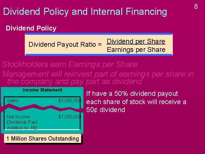 Dividend Policy and Internal Financing Dividend Policy Dividend Payout Ratio = Dividend per Share Dividend Policy and Internal Financing Dividend Policy Dividend Payout Ratio = Dividend per Share