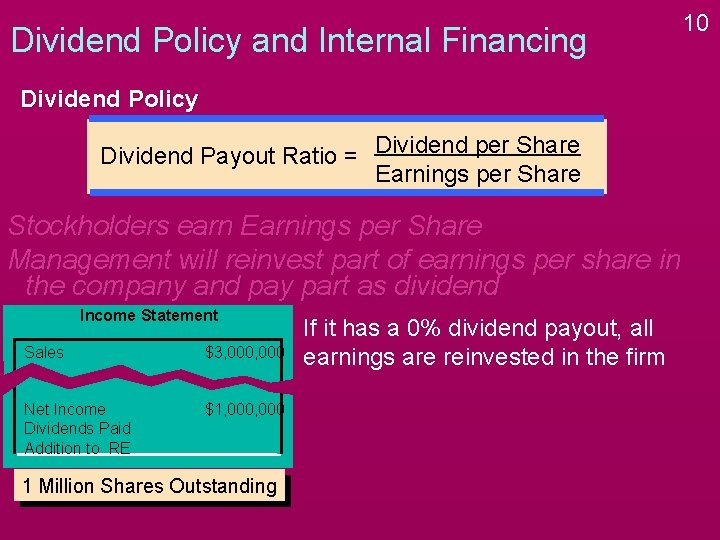 Dividend Policy and Internal Financing Dividend Policy Dividend Payout Ratio = Dividend per Share Dividend Policy and Internal Financing Dividend Policy Dividend Payout Ratio = Dividend per Share