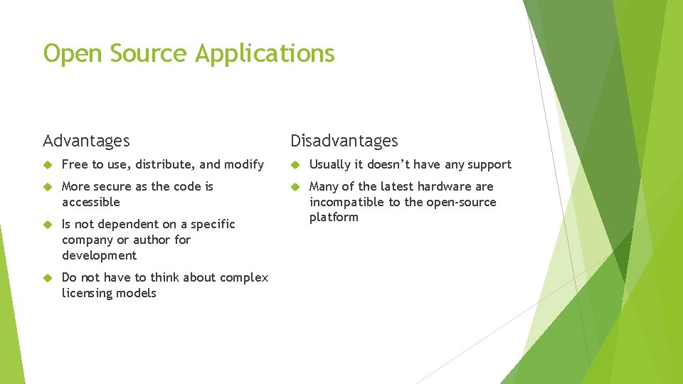 Open Source Applications Advantages Disadvantages Free to use, distribute, and modify Usually it doesn’t