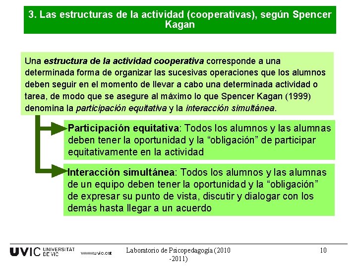 3. Las estructuras de la actividad (cooperativas), según Spencer Kagan Una estructura de la