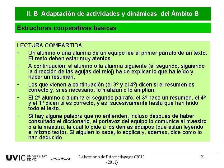 II. B Adaptación de actividades y dinámicas del Ámbito B Estructuras cooperativas básicas LECTURA