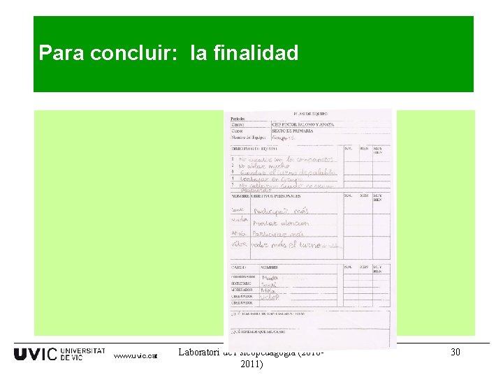 Para concluir: la finalidad www. uvic. cat Laboratori de Psicopedagogia (20102011) 30 