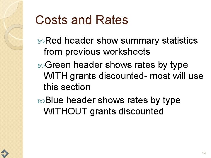 Costs and Rates Red header show summary statistics from previous worksheets Green header shows