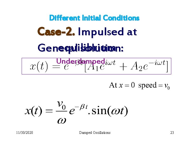 Different Initial Conditions Case-2. Impulsed at equilibrium General solution: Underdamped 11/30/2020 Damped Oscillations 23