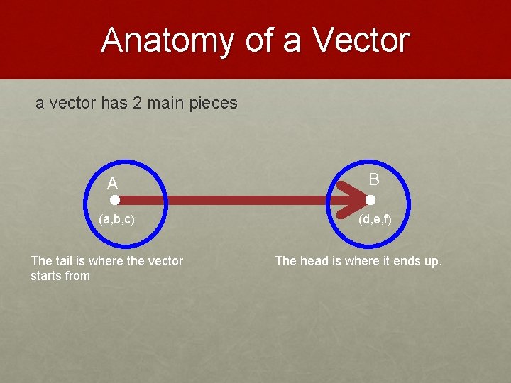 Anatomy of a Vector a vector has 2 main pieces A (a, b, c)