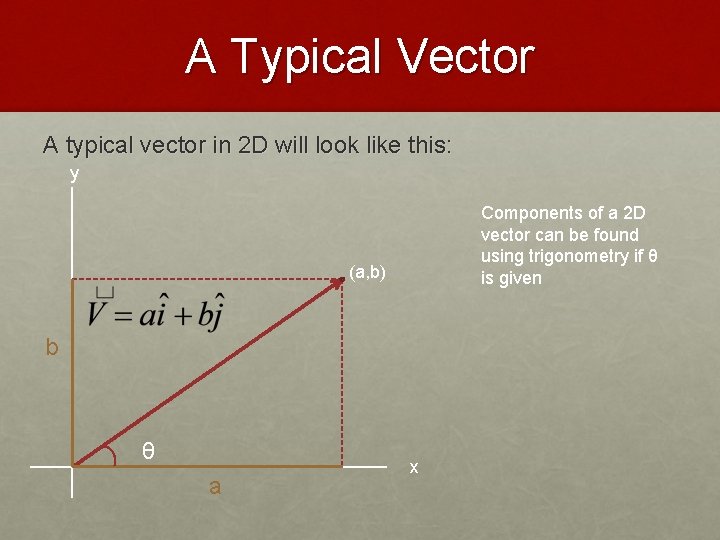 A Typical Vector A typical vector in 2 D will look like this: y