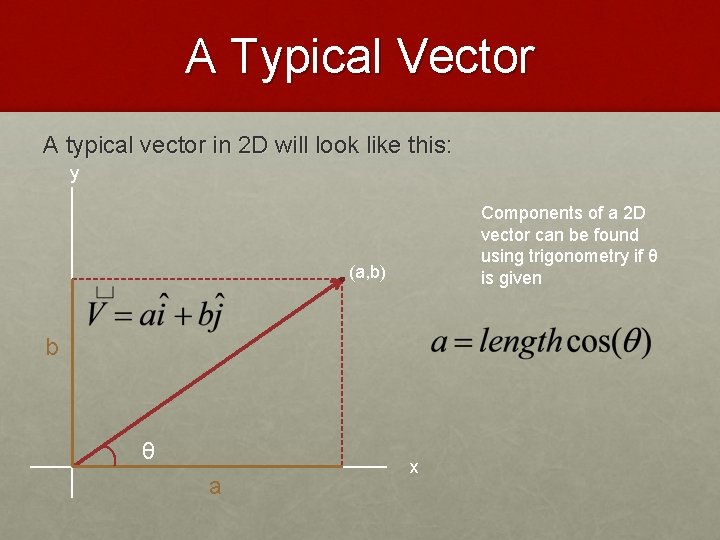 A Typical Vector A typical vector in 2 D will look like this: y