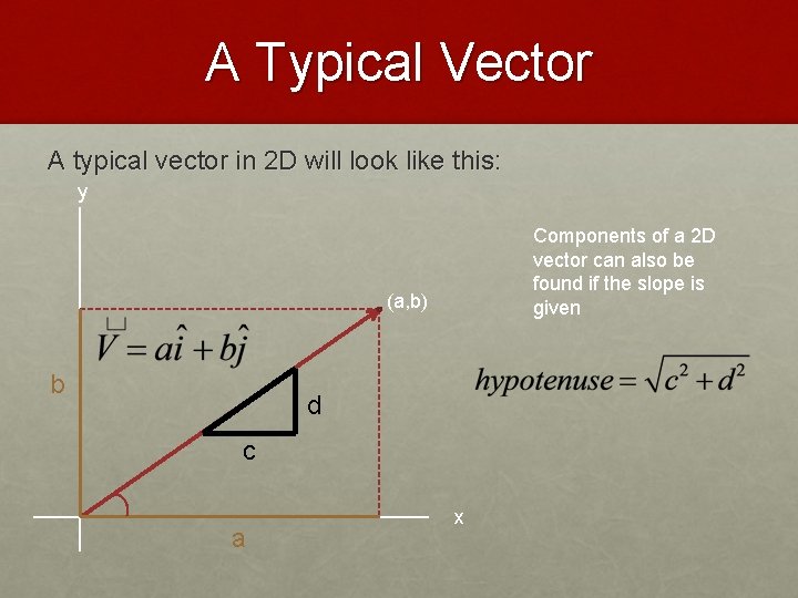 A Typical Vector A typical vector in 2 D will look like this: y
