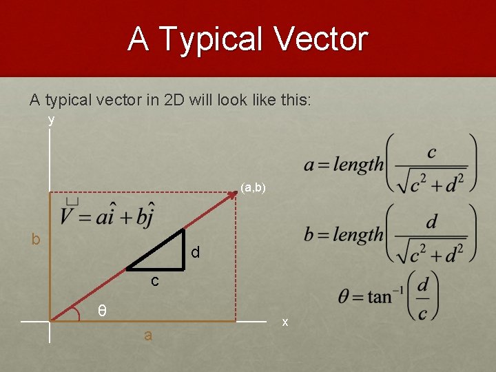 A Typical Vector A typical vector in 2 D will look like this: y
