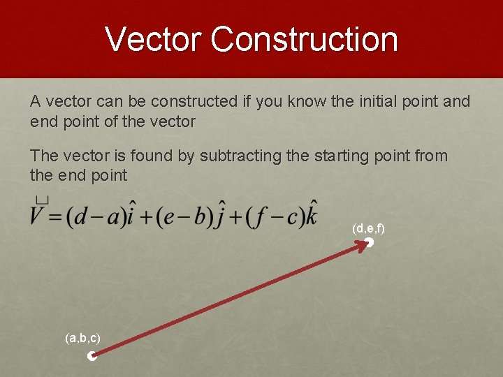 Vector Construction A vector can be constructed if you know the initial point and