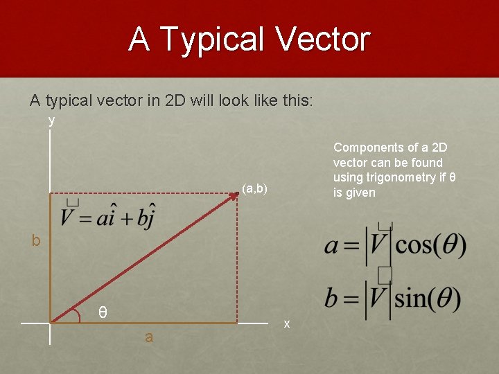 A Typical Vector A typical vector in 2 D will look like this: y