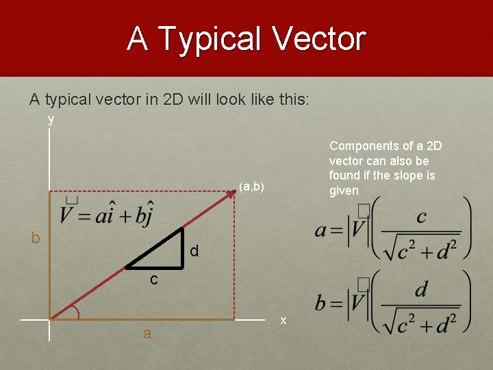 A Typical Vector A typical vector in 2 D will look like this: y