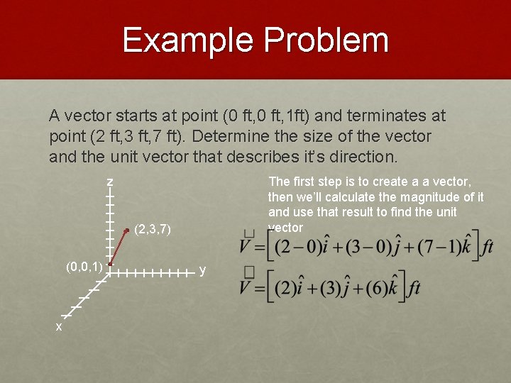 Example Problem A vector starts at point (0 ft, 1 ft) and terminates at