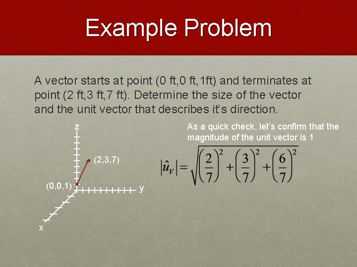 Example Problem A vector starts at point (0 ft, 1 ft) and terminates at