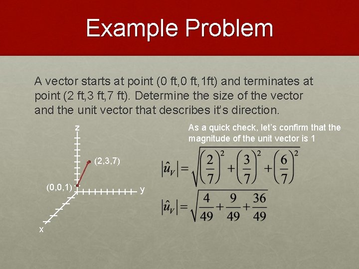 Example Problem A vector starts at point (0 ft, 1 ft) and terminates at