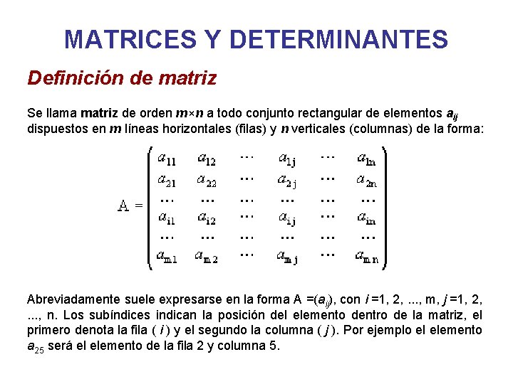 MATRICES Y DETERMINANTES Definición de matriz Se llama matriz de orden m×n a todo