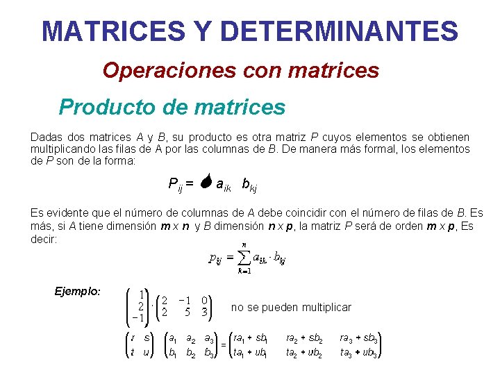MATRICES Y DETERMINANTES Operaciones con matrices Producto de matrices Dadas dos matrices A y