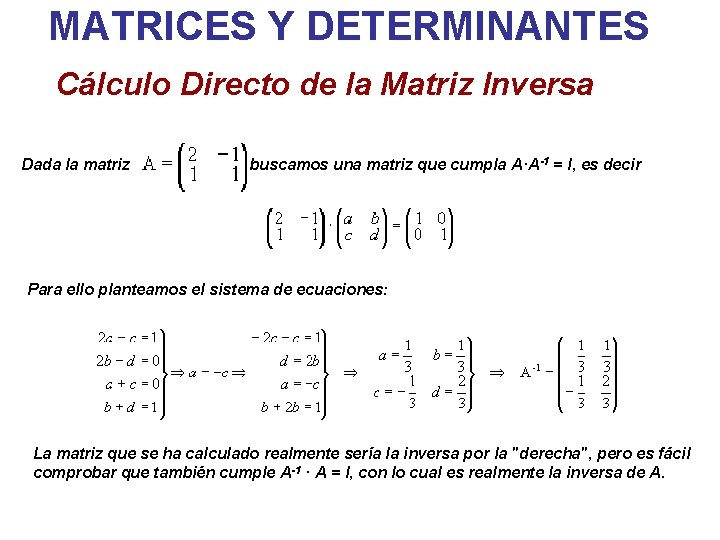MATRICES Y DETERMINANTES Cálculo Directo de la Matriz Inversa Dada la matriz buscamos una