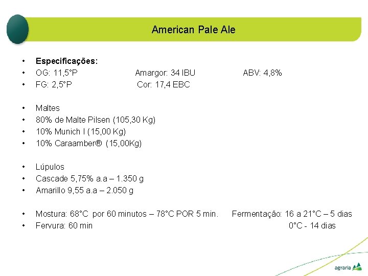 American Pale Ale • • • Especificações: OG: 11, 5°P FG: 2, 5°P •