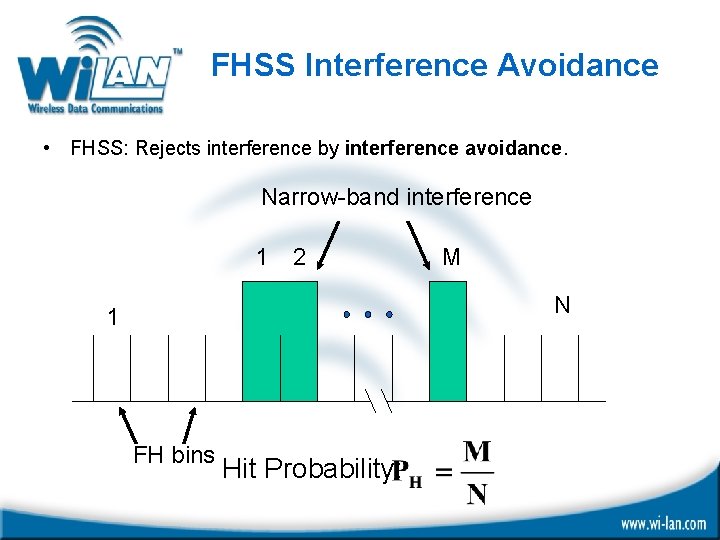 FHSS Interference Avoidance • FHSS: Rejects interference by interference avoidance. Narrow-band interference 1 2