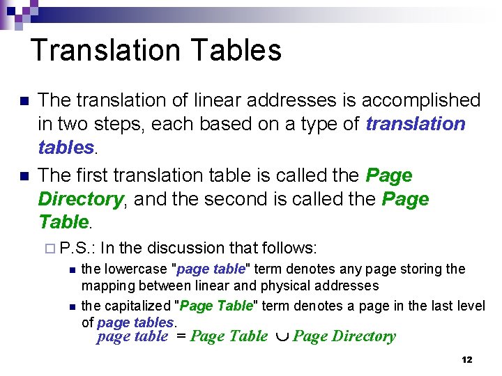 Translation Tables n n The translation of linear addresses is accomplished in two steps,