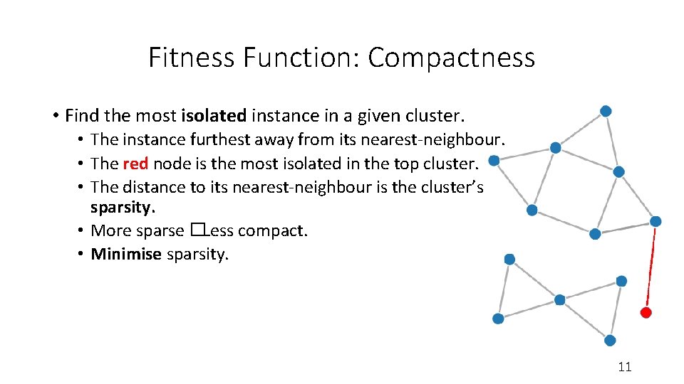 Fitness Function: Compactness • Find the most isolated instance in a given cluster. •