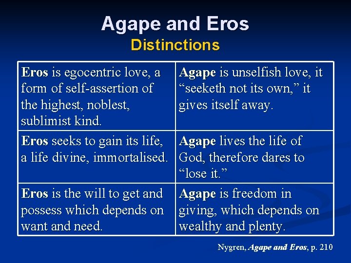 Agape and Eros Distinctions Eros is egocentric love, a form of self-assertion of the