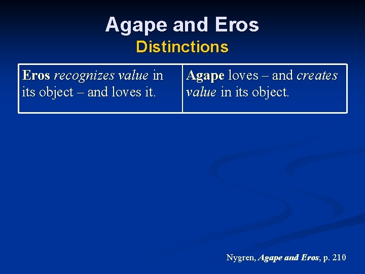 Agape and Eros Distinctions Eros recognizes value in its object – and loves it.