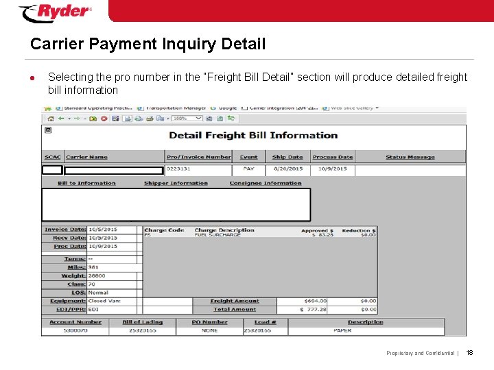 Carrier Payment Inquiry Detail l Selecting the pro number in the “Freight Bill Detail”