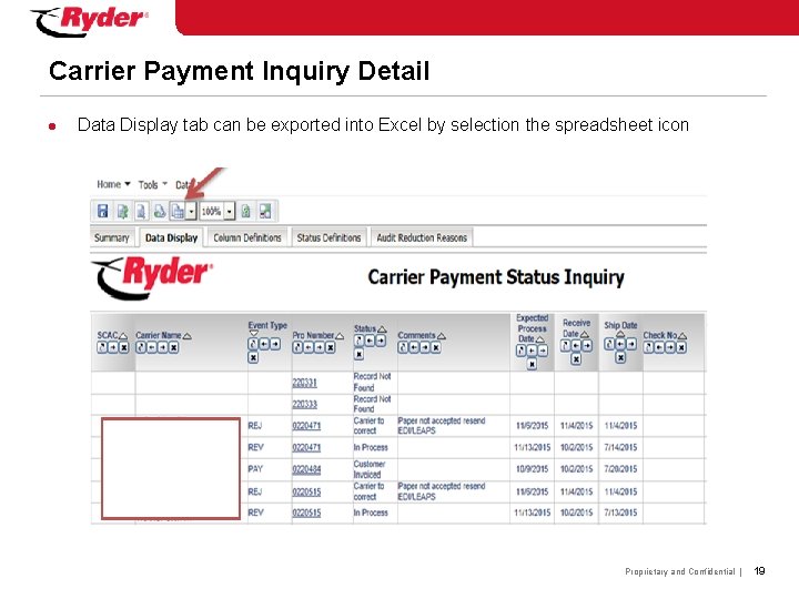 Carrier Payment Inquiry Detail l Data Display tab can be exported into Excel by