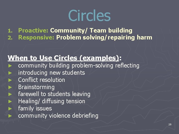 Circles 1. 2. Proactive: Community/ Team building Responsive: Problem solving/repairing harm When to Use Circles 1. 2. Proactive: Community/ Team building Responsive: Problem solving/repairing harm When to Use
