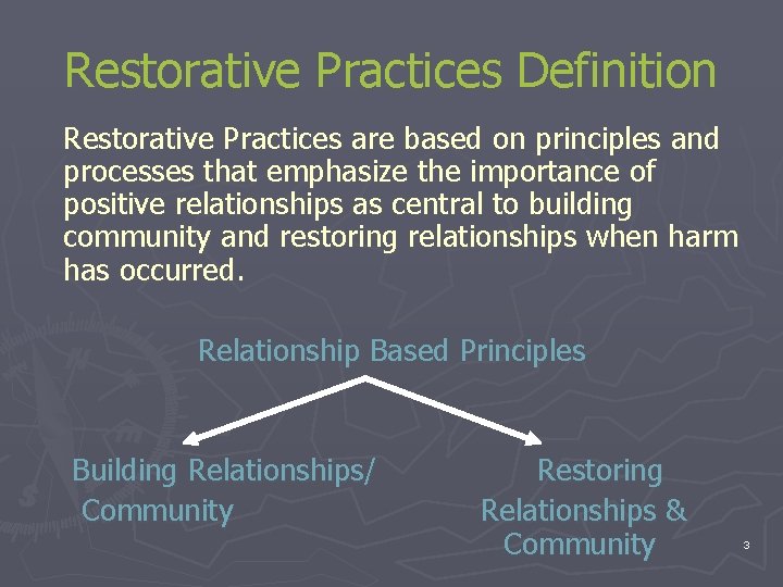 Restorative Practices Definition Restorative Practices are based on principles and processes that emphasize the Restorative Practices Definition Restorative Practices are based on principles and processes that emphasize the