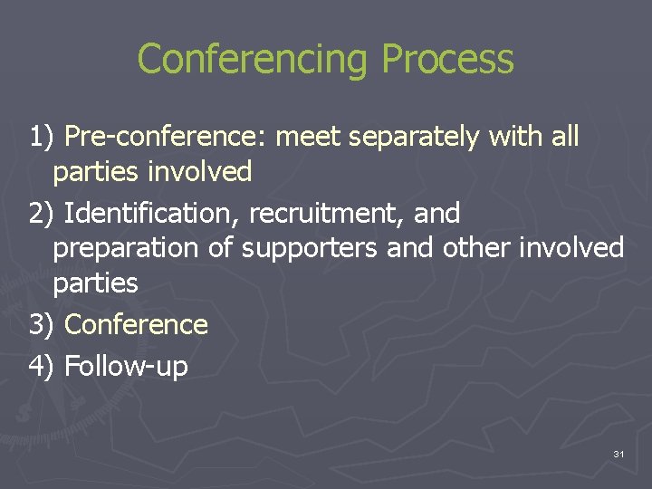 Conferencing Process 1) Pre-conference: meet separately with all parties involved 2) Identification, recruitment, and Conferencing Process 1) Pre-conference: meet separately with all parties involved 2) Identification, recruitment, and