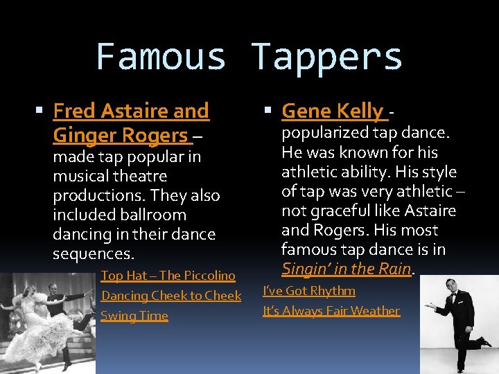 Famous Tappers Fred Astaire and Ginger Rogers – made tap popular in musical theatre