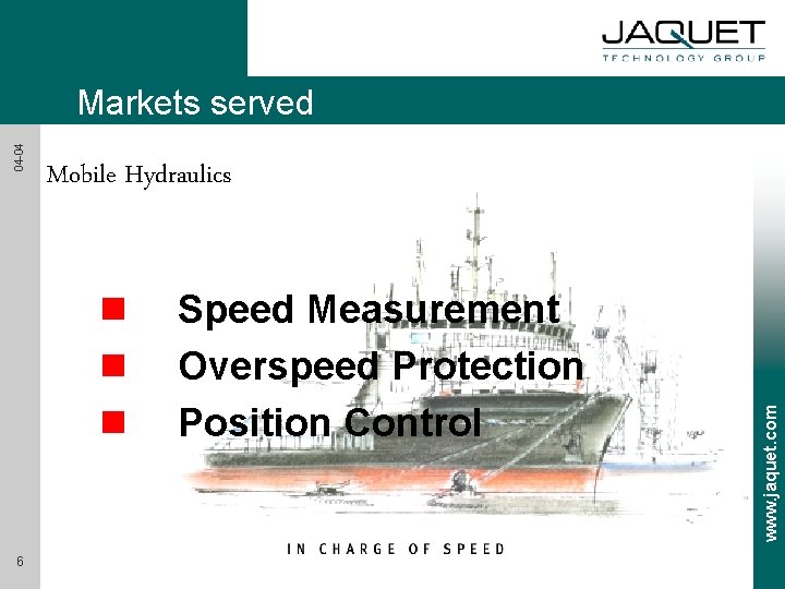 Mobile Hydraulics n n n 6 Speed Measurement Overspeed Protection Position Control www. jaquet.
