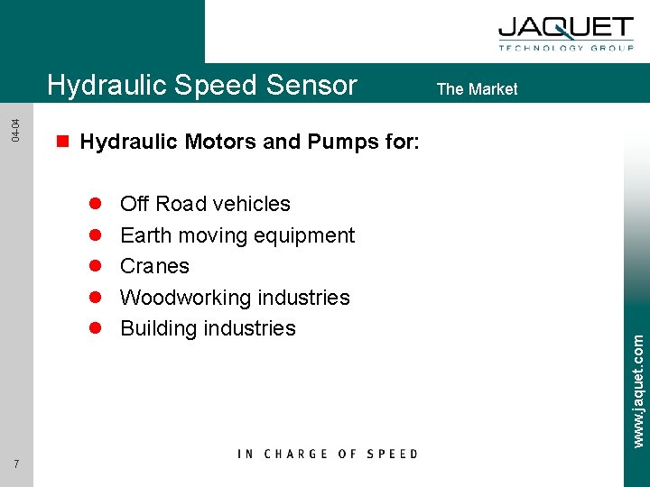 04 -04 Hydraulic Speed Sensor The Market n Hydraulic Motors and Pumps for: l