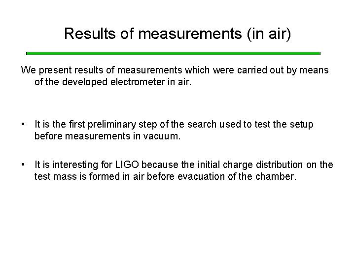 Results of measurements (in air) We present results of measurements which were carried out